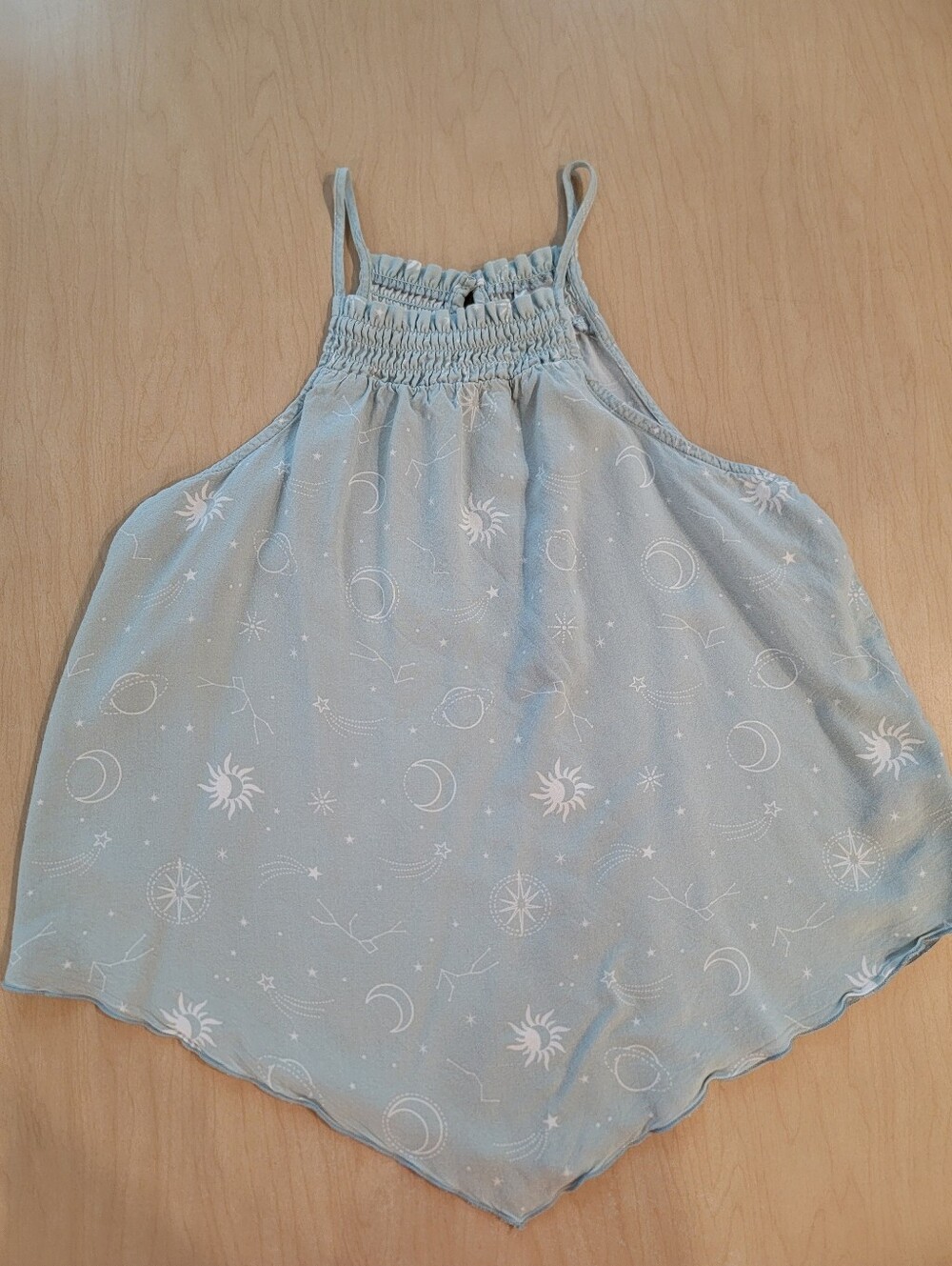 No Boundaries Light Blue Celestial Smocked Halter Tank Medium